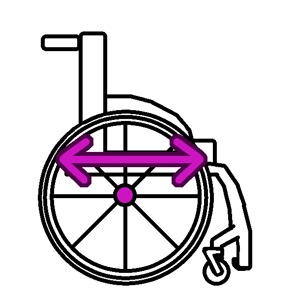 A black and white drawing of a rigid wheelchair from the side. Its axle is pink, with a pink double-headed arrow above it.